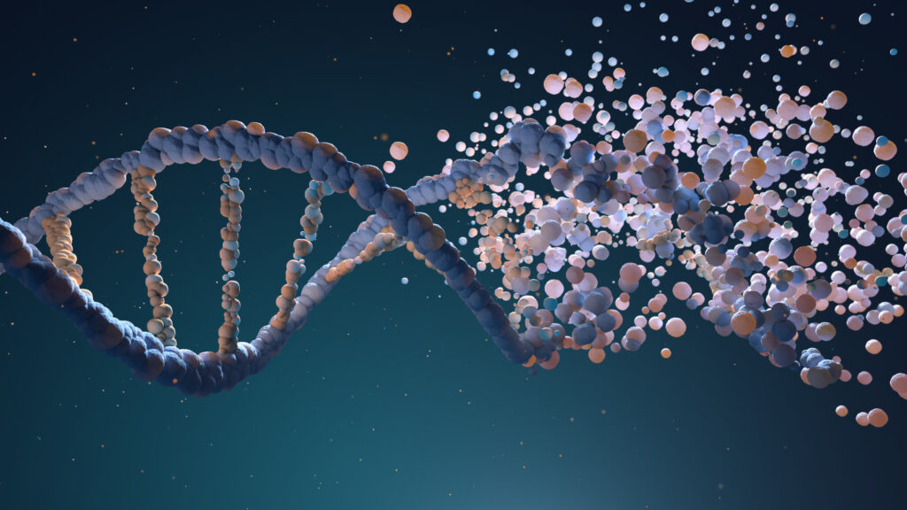 Representação de DNA com microrganismos ao redor, simbolizando a identificação genômica de cepas